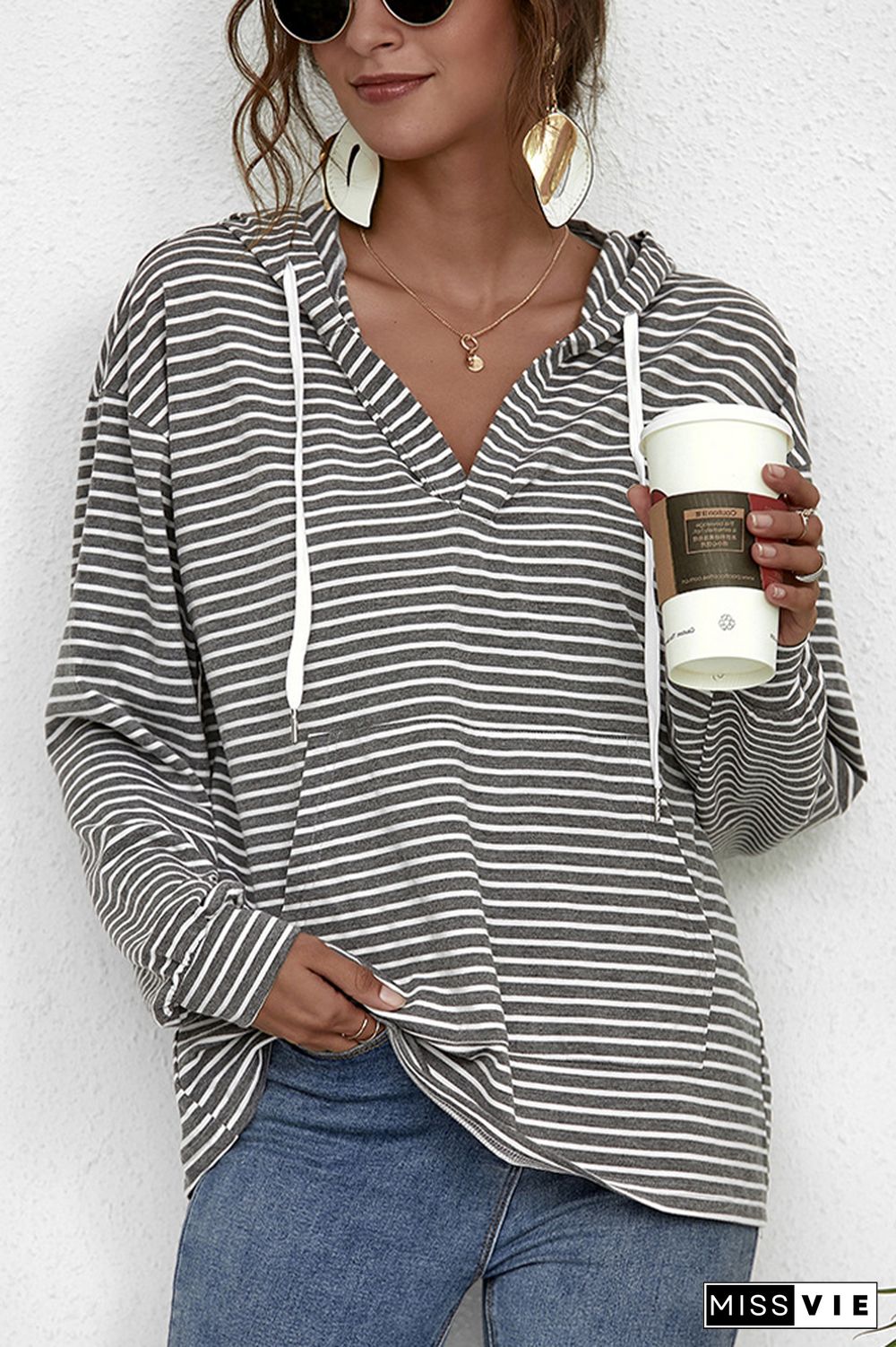 Stripes V Neck Front Pocket Drawstring Hoodies Wholesale