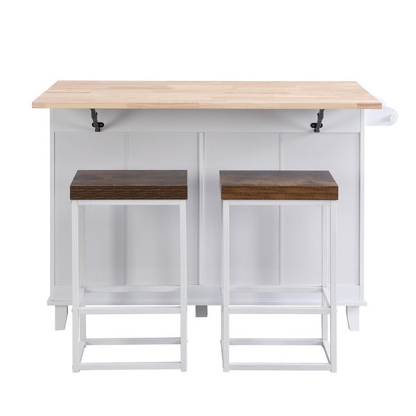 3-Piece Kitchen Island Set with Drop Leaf and 2 Seatings， Dining Table Set with Storage Cabinet， Drawers and Towel Rack