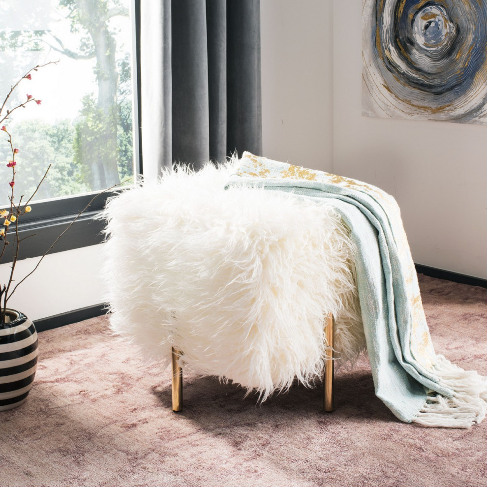 Raven Faux Fur Square Ottoman White/Brass   Contemporary   Footstools And Ottomans   by V.S.D Furniture  Houzz