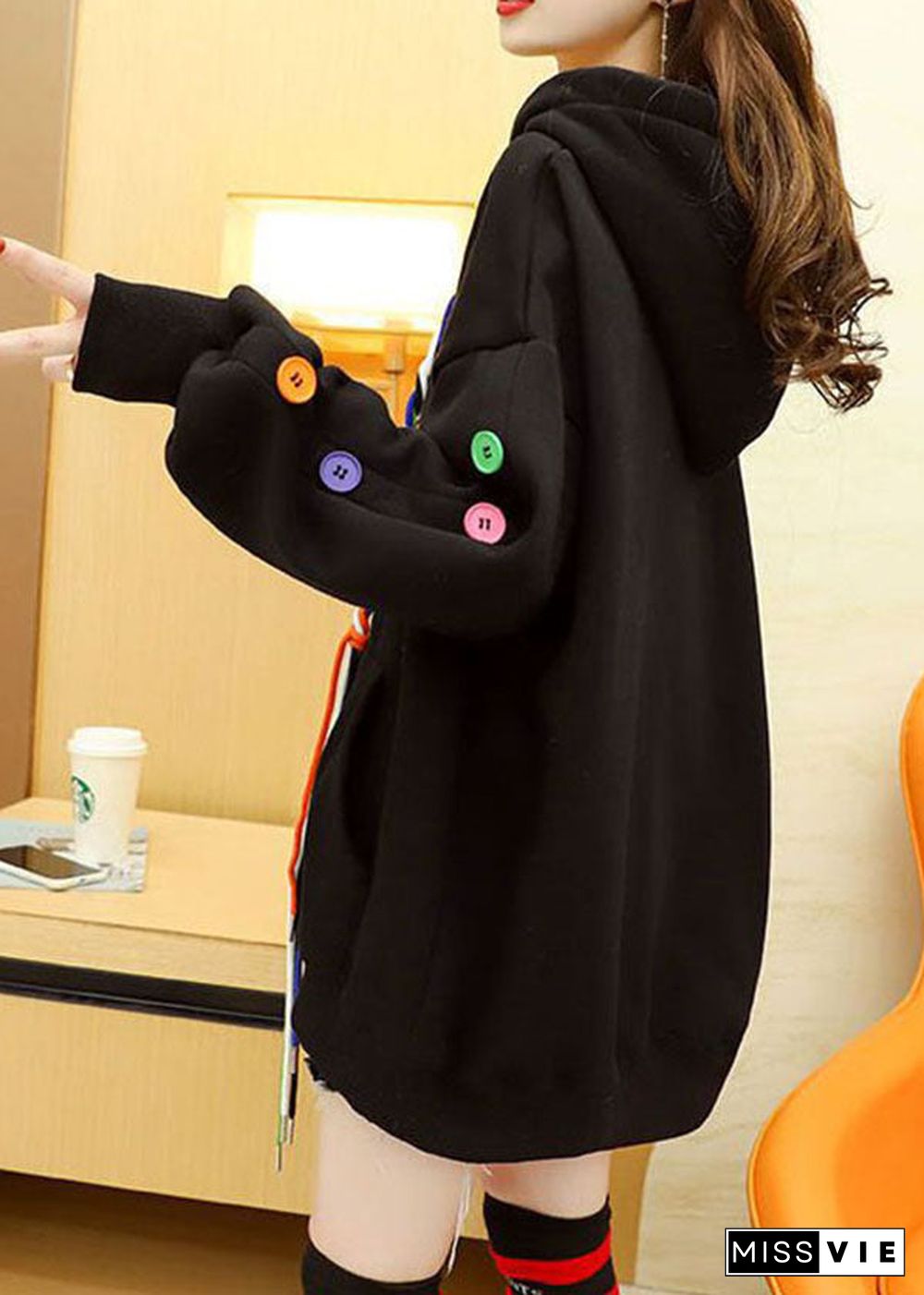 Unique Black Hooded Drawstring Woven Multi Button Warm Fleece Sweatshirts Top Winter