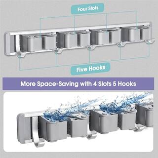 Oumilen (2-Pack) Mop  Broom Holder Wall Mounted Metal Tool Storage Organizer Rack Silver 4 Slots  5 Hooks PSHK099