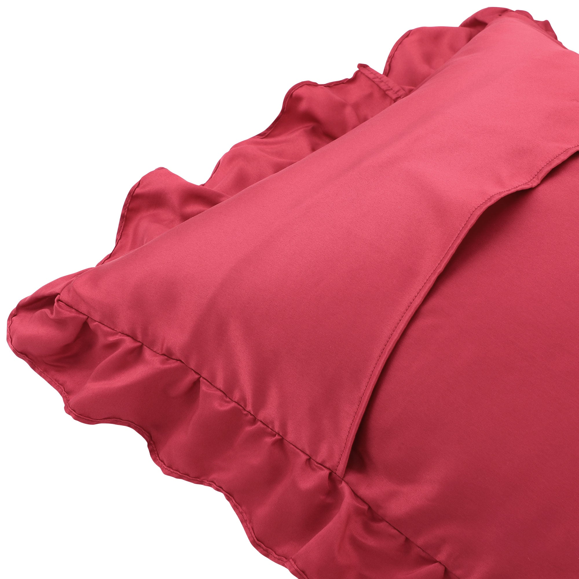 PiccoCasa Satin Pillowcase Ruffled Pillow Shams Set of 2， Burgundy Standard(20