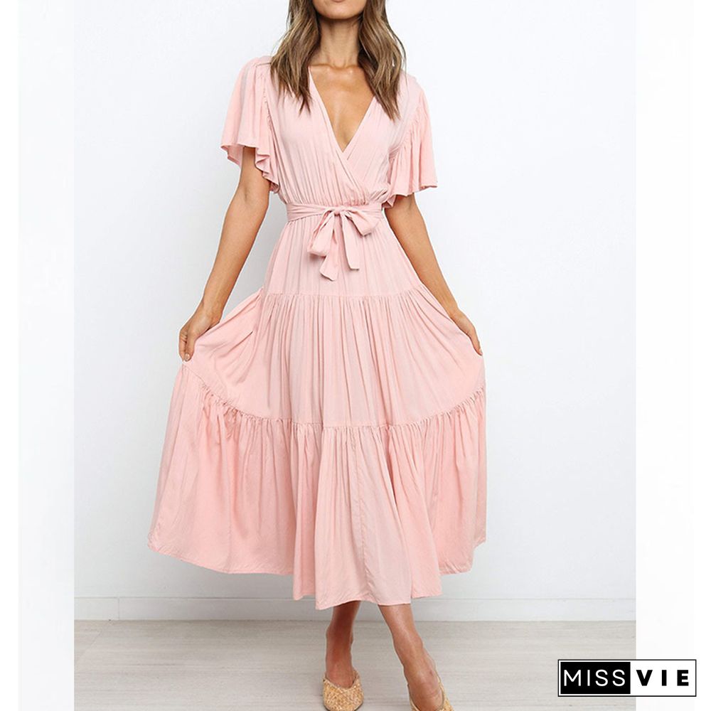 Boho Beach Vacation Summer Women Dresses New Solid V-Neck Short Ruffle Sleeve Lace-up Swing High Waist A-line Long Dress