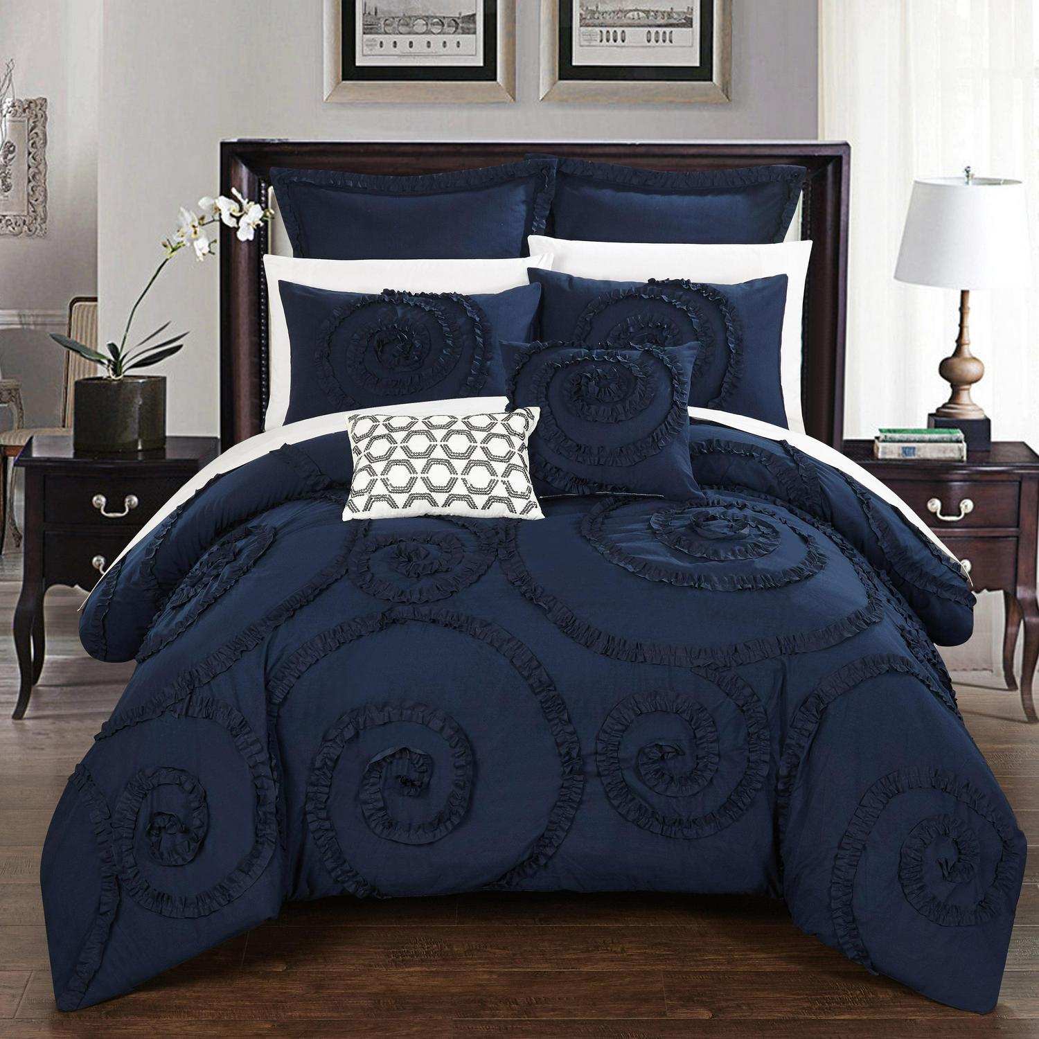 Chic Home Rosamond 11-Piece Abstract Comforter Set， King， Navy