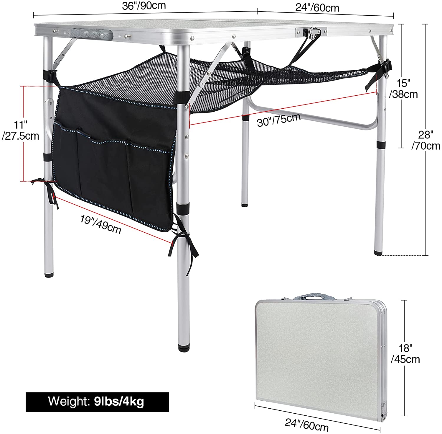 Lineslife 3 Foot Aluminum Folding Table with Mesh Storage Organizer， Lightweight Portable Camping Table for Picnic Beach Outdoor Indoor， White(2 Height)