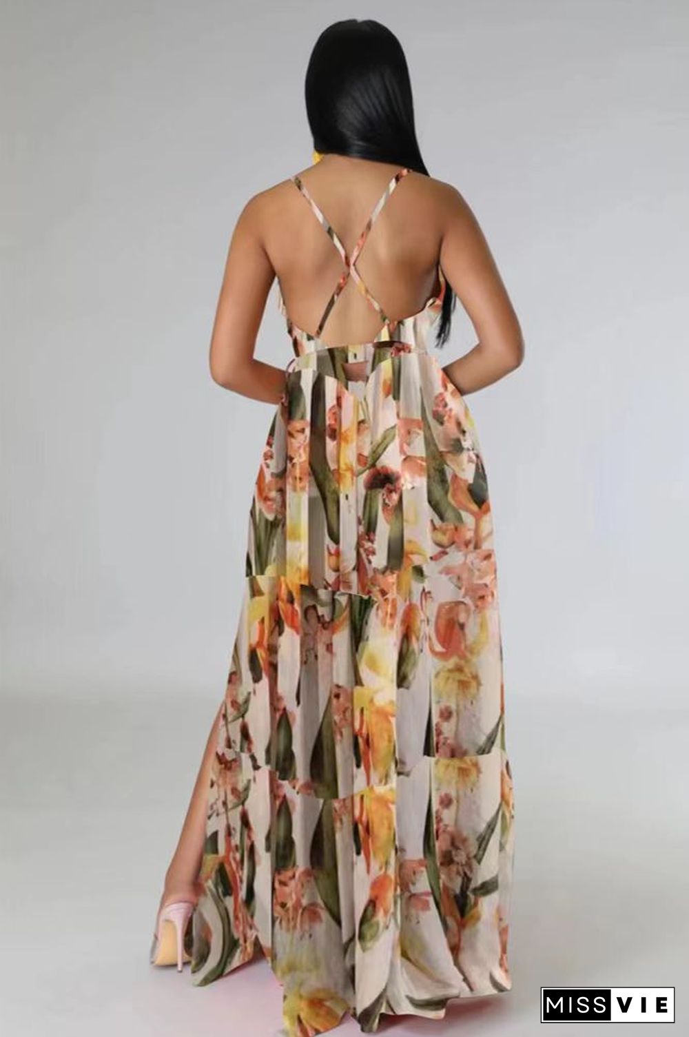 Sexy Floral Print Spaghetti Strap Backless Maxi Dress