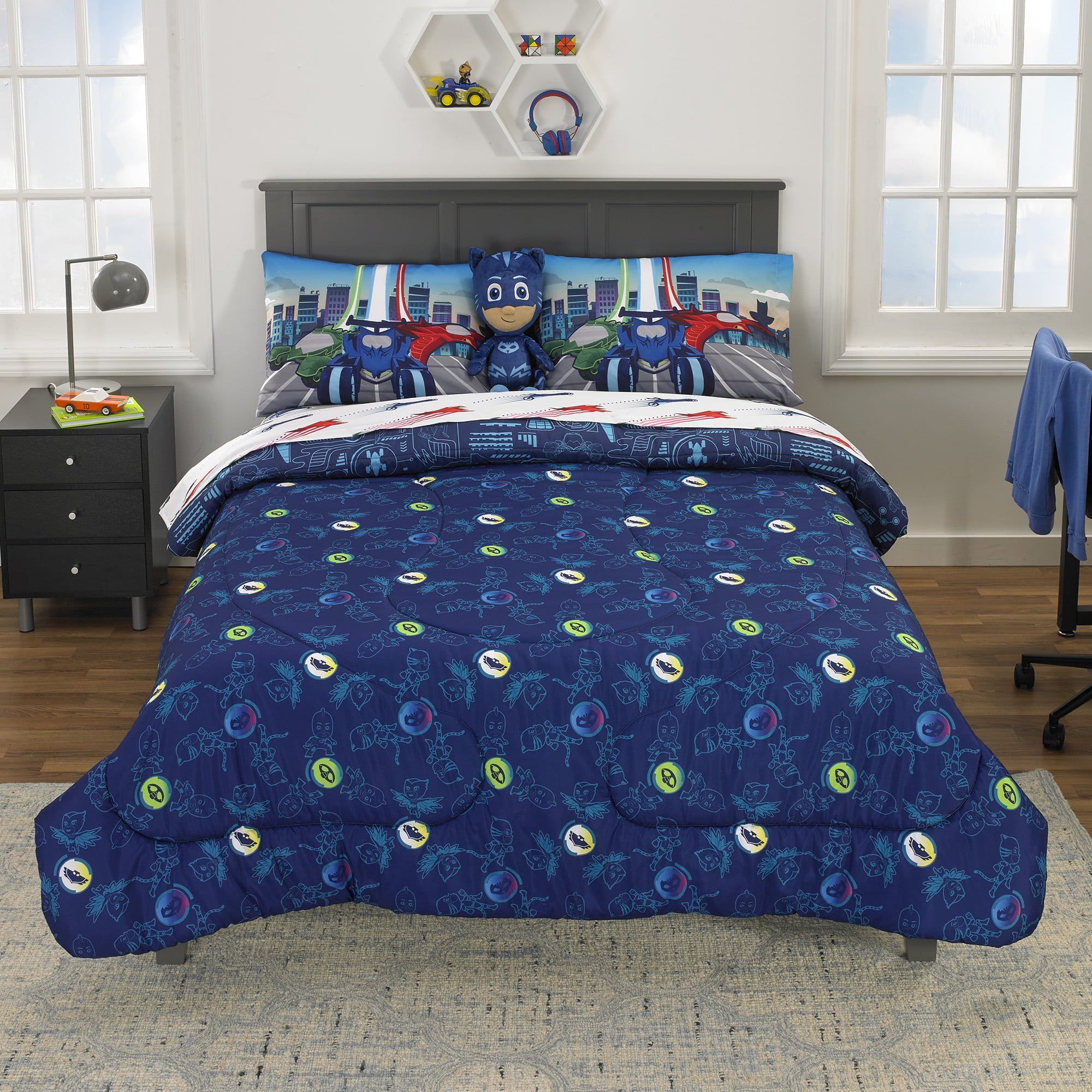 PJ Masks Kids Full Bed in a Bag, Comforter and Sheets, Blue, Hasbro