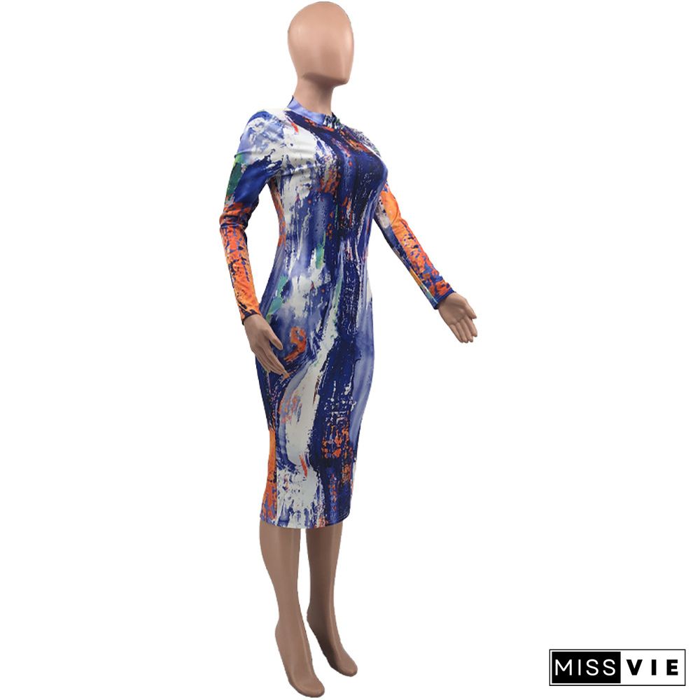 O-neck Tie Dye Printed Long Sleeve Casual Dress