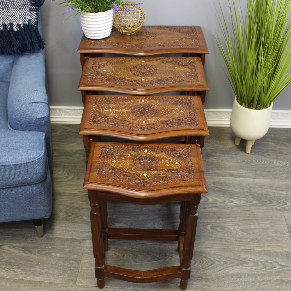 Natural Geo Decorative Set of 4 Nesting Tables   Handcarved