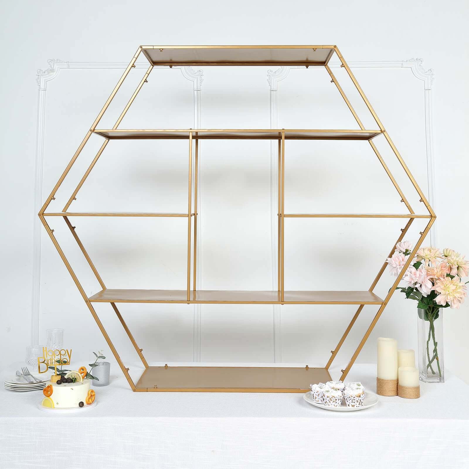 Large Gold Metal Hexagonal Cake Dessert Display Stand, Wedding Arch Backdrop, Balloons Rack, Modern Bookcase 4ft