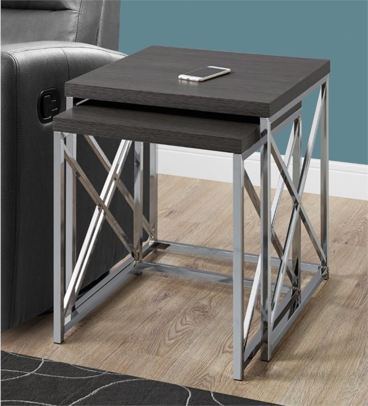 Pemberly Row 2 Piece Nesting Table Set in Gray Wood and Chrome   Contemporary   Coffee Table Sets   by Homesquare  Houzz