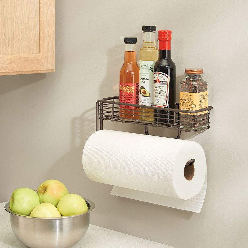 mDesign Wall Mount Metal Paper Towel Holder with Storage Shelf