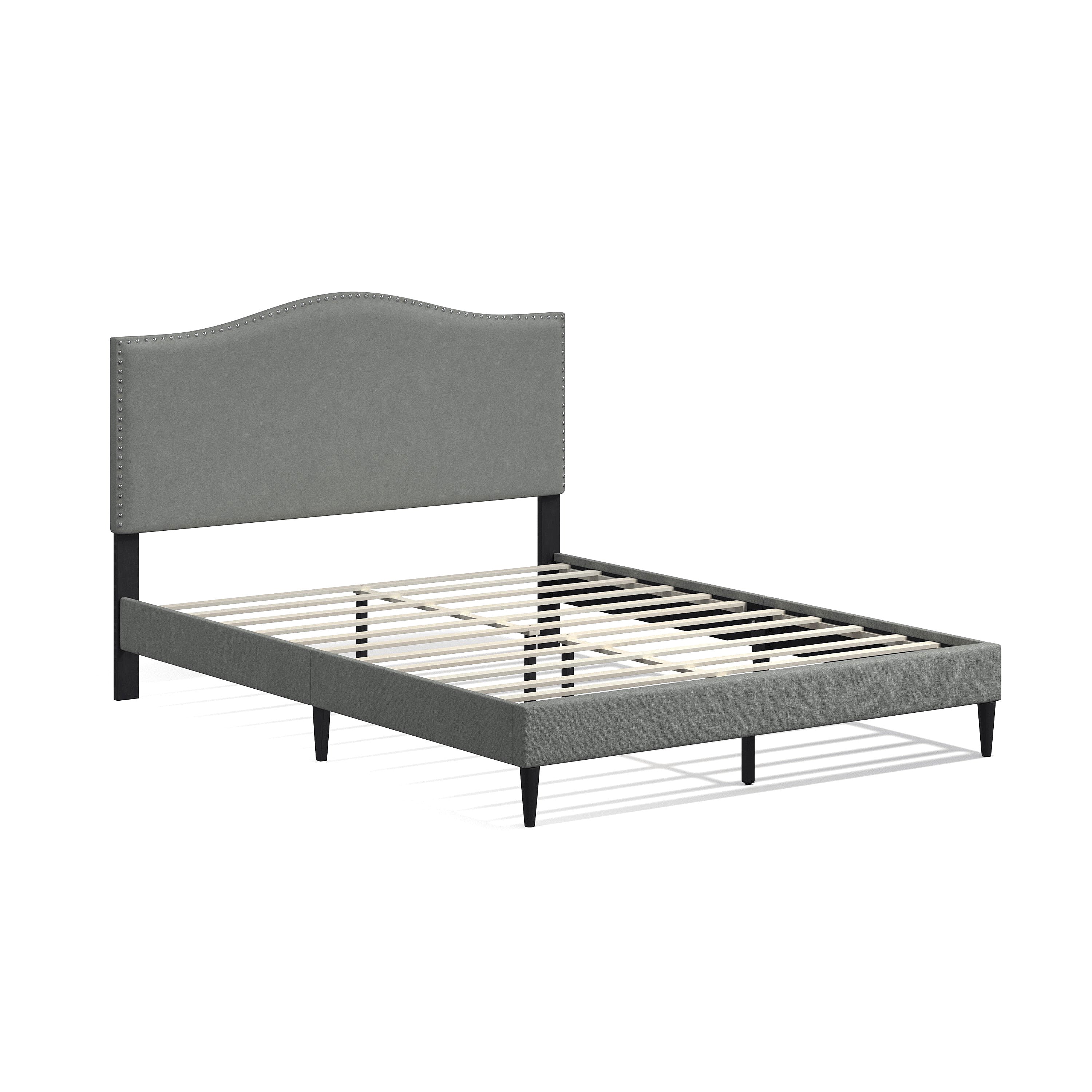 Kameli Upholstered Platform Bed Frame / Nailhead Trim Camelback / Mattress Foundation / No Box Spring Needed / Easy Assembly, Stone, Queen