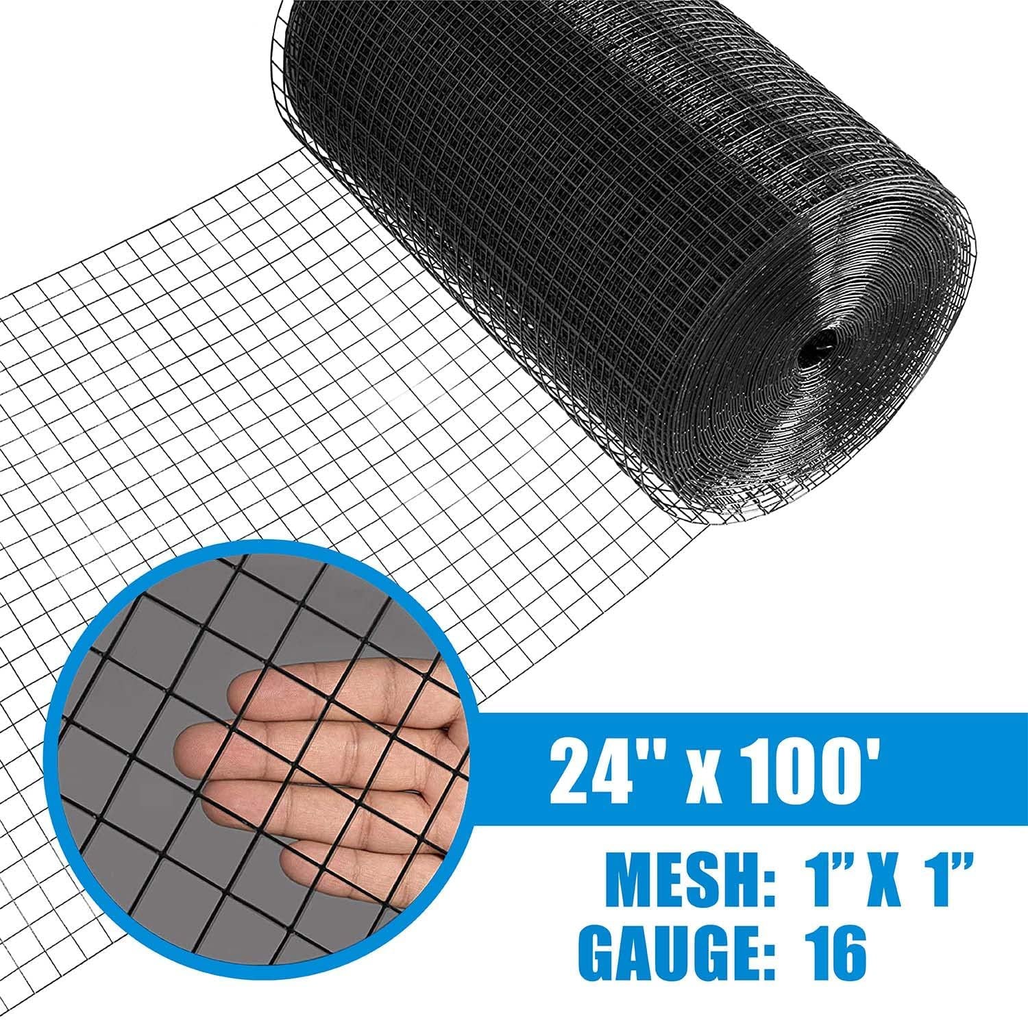 Fencer Wire 16 Gauge Black Vinyl Coated Welded Wire Mesh, 1” x 1” Mesh Size for Home and Garden Fence and Pet Enclosures Protect Chickens Rabbits and Farmed Animals