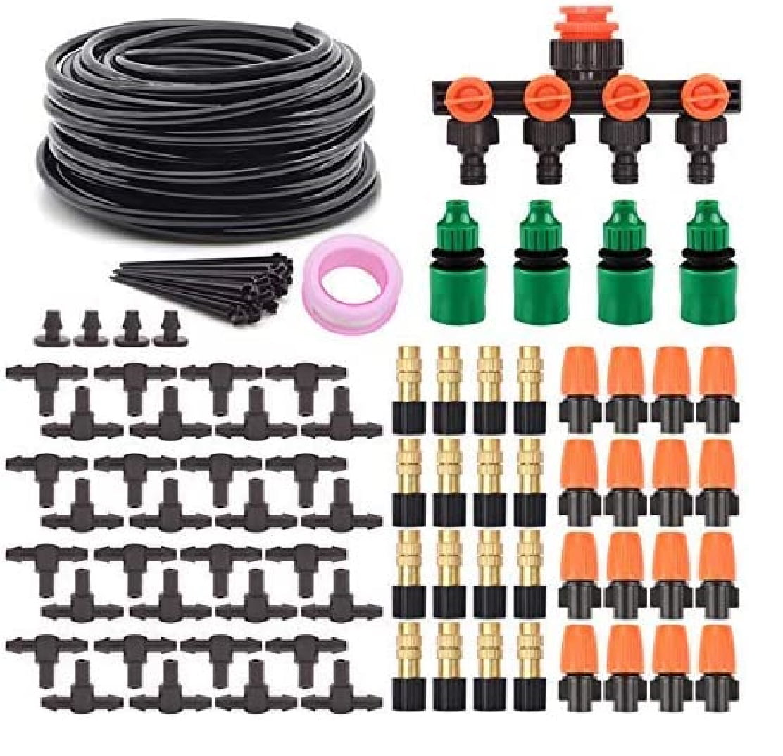 Flantor Drip Irrigation Kits - 131ft Irrigation Set DIY Micro Automatic Watering System with 4 Way Water Splitter， 1/4 inches Distribution Tubing Hose for Garden Greenhouse Flower Bed Patio Lawn