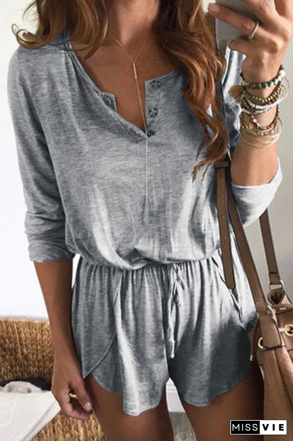 Solid Color Long Sleeve Tie Waist Romper P15011