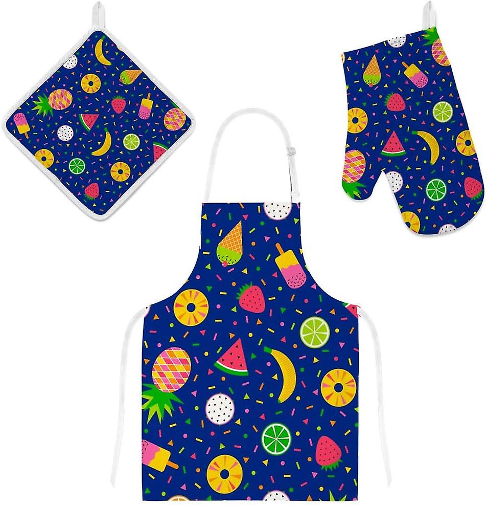 Kitchen Oven Mitts Glove Potholder Apron 3pcs Set Geometric Fruits Non Slip Heat Resistant Mitts For Baking Cooking Bbq