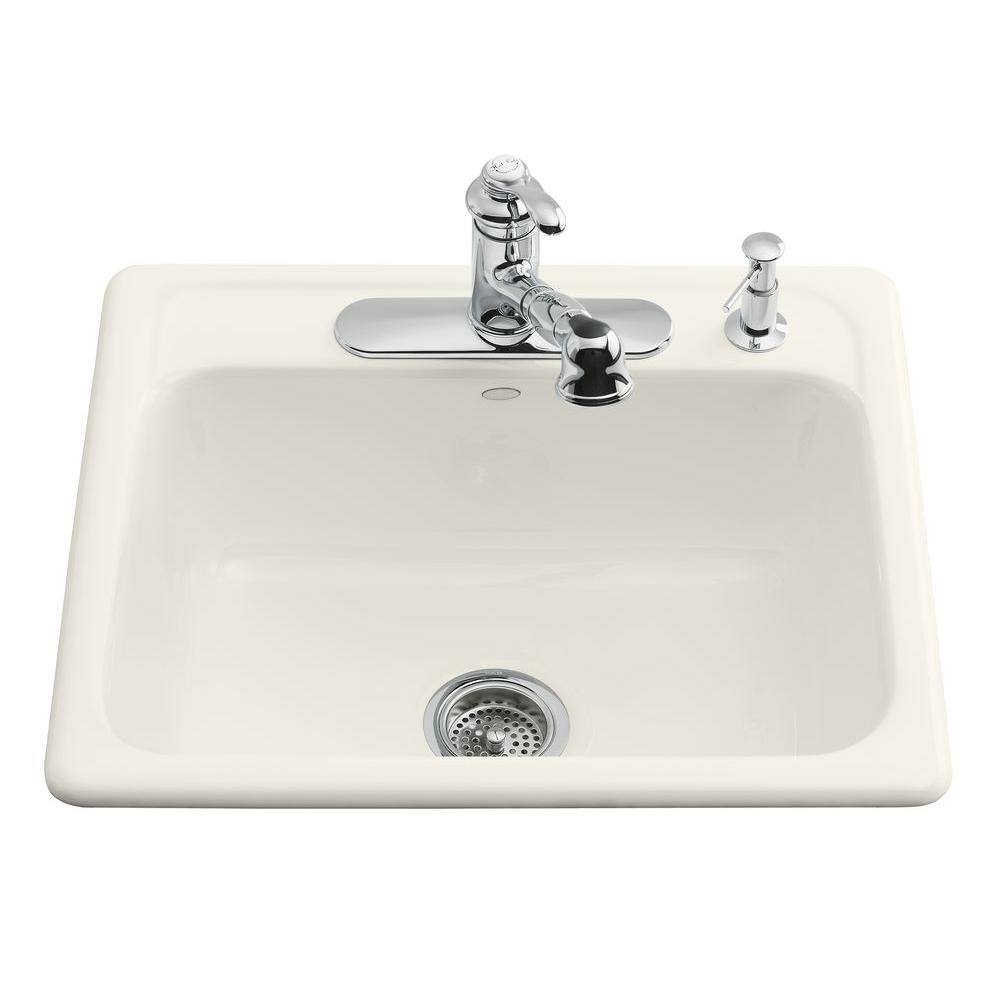 KOHLER Mayfield Drop-In Cast-Iron 25 in. 3-Hole Single Bowl Kitchen Sink in Biscuit K-5964-3-96