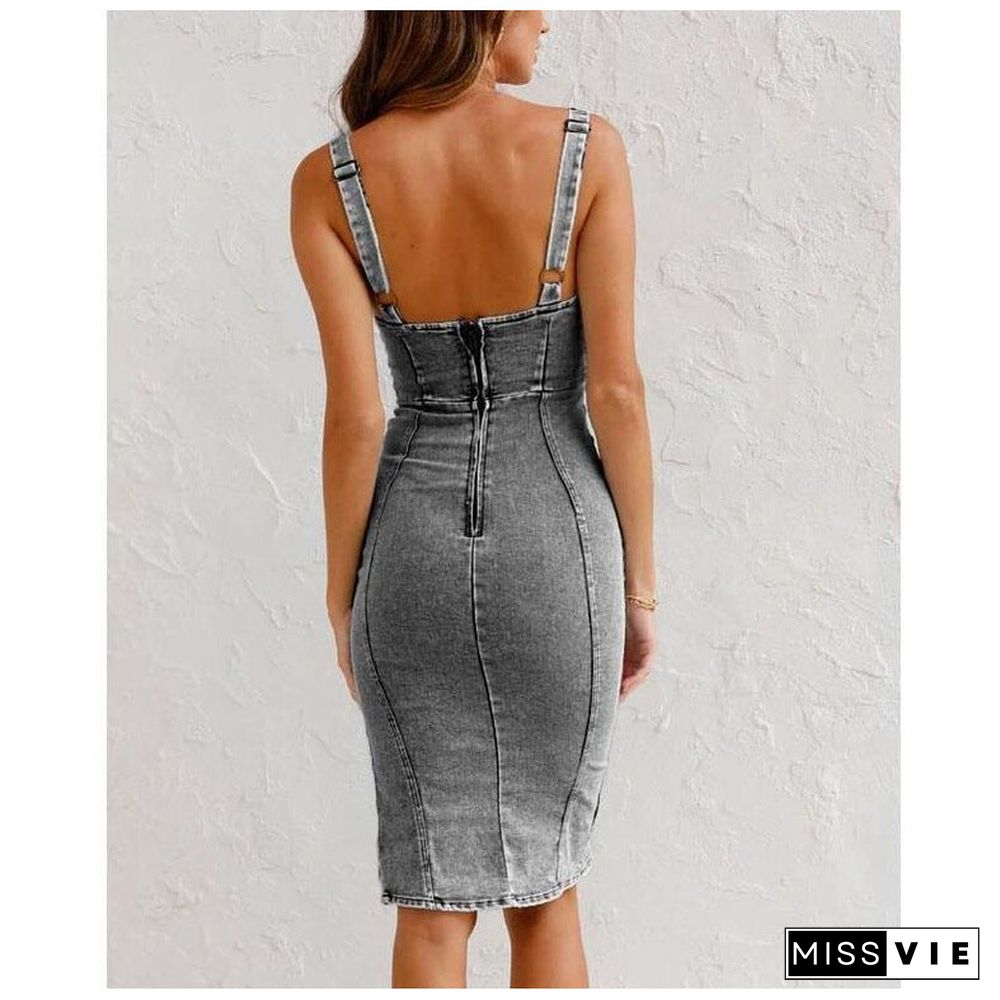 Sleeveless Side Split Bodycon Midi Denim Dress