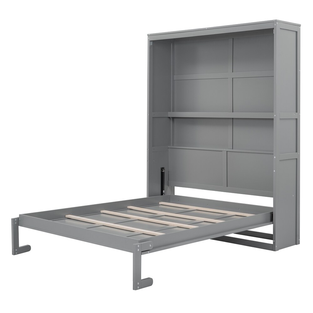 Apartment Murphy Bed Queen Size Cabinet Wall Bed with Shelves Dual Piston Metal Folding Mechanism Designed Murphy Bed  Grey