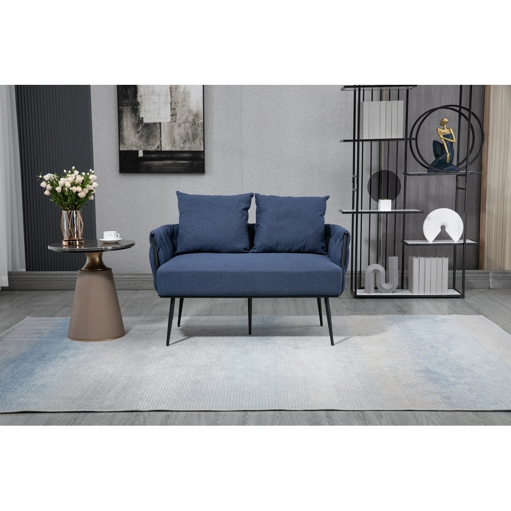 Modern Hand Woven Upholstered Sofa Chair  Navy Linen Accent Chair  Living Room Lounge Armrest Sofa with Metal Frame