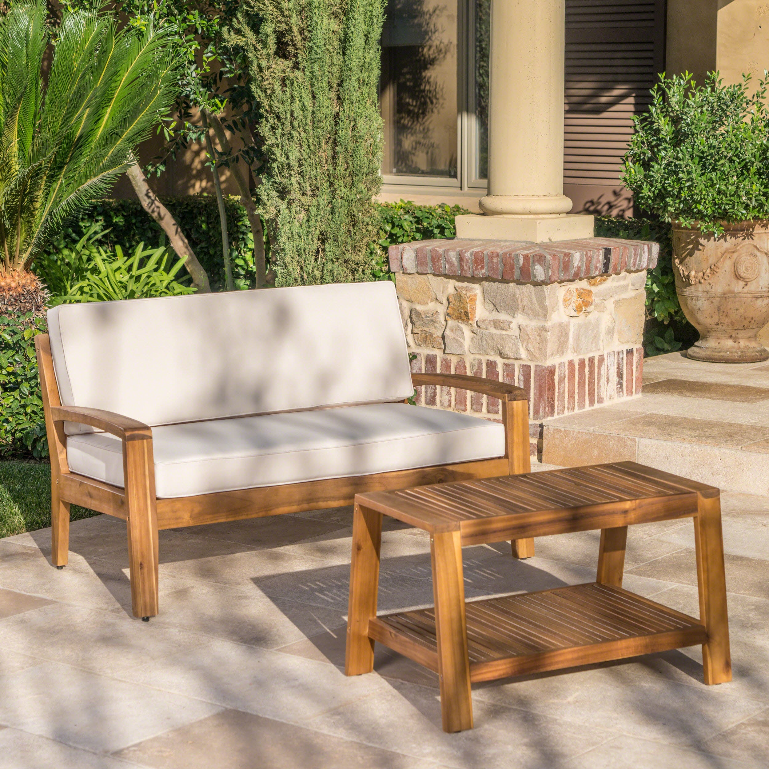 Christian Outdoor Acacia Wood Loveseat and Coffee Table Set with Cushions