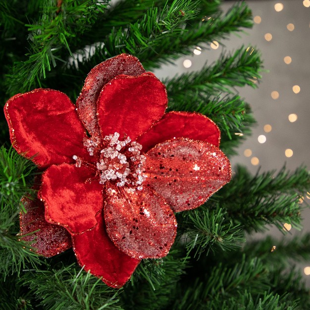 Red Magnolia Glittered Christmas Stem Spray