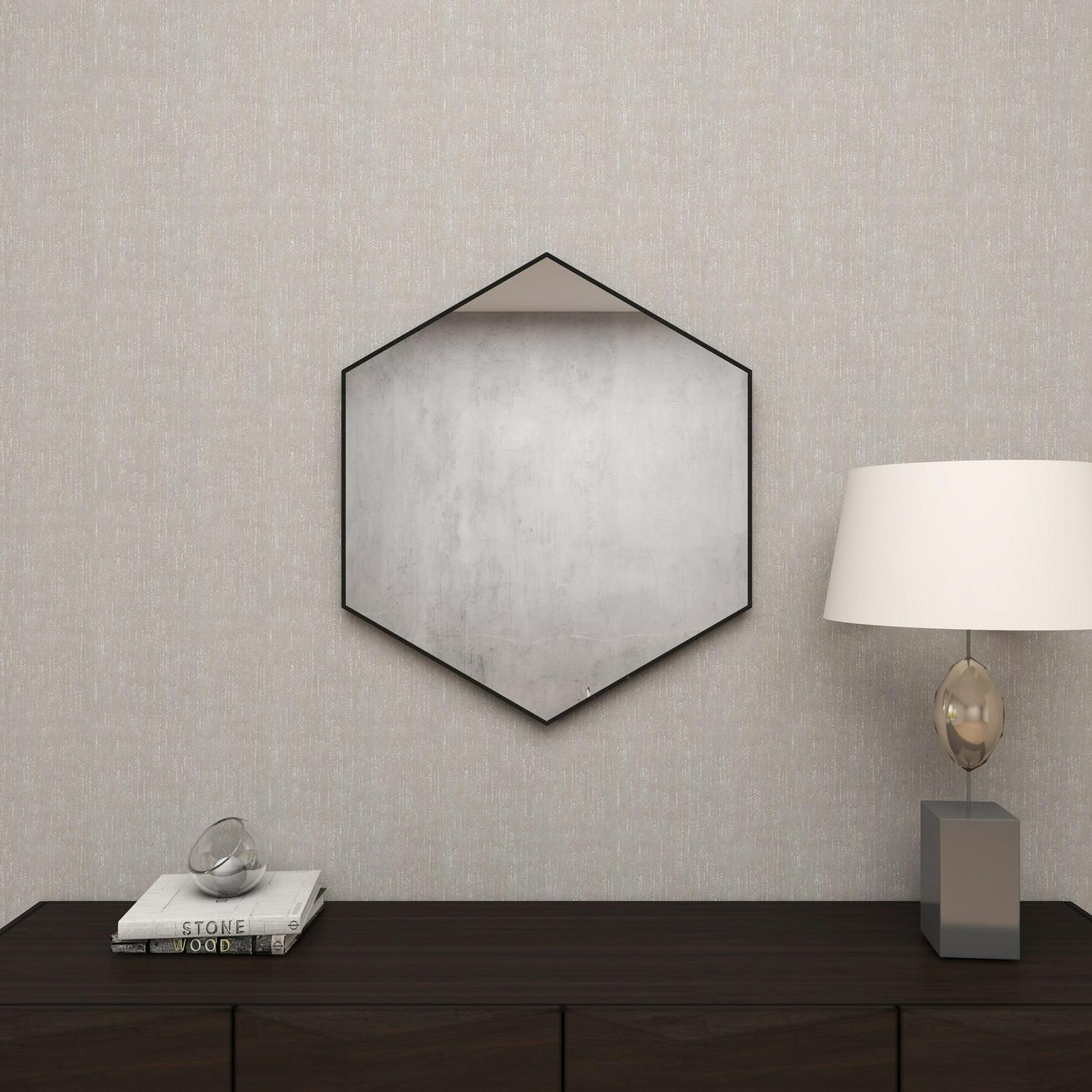 Cosmoliving by Cosmopolitan 24 x 21 Black Hexagon Shaped Wall Mirror with Thin Minimalistic Frame