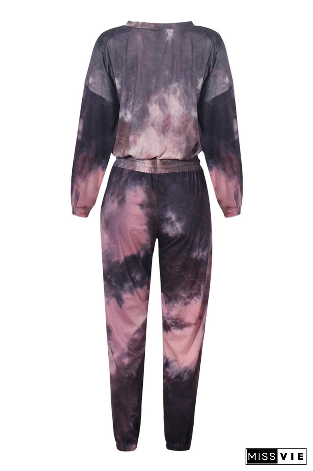 Fashion Purple Tie Dye Drawstring Long Sleeves Tops & Pants Sports Set Wholesale