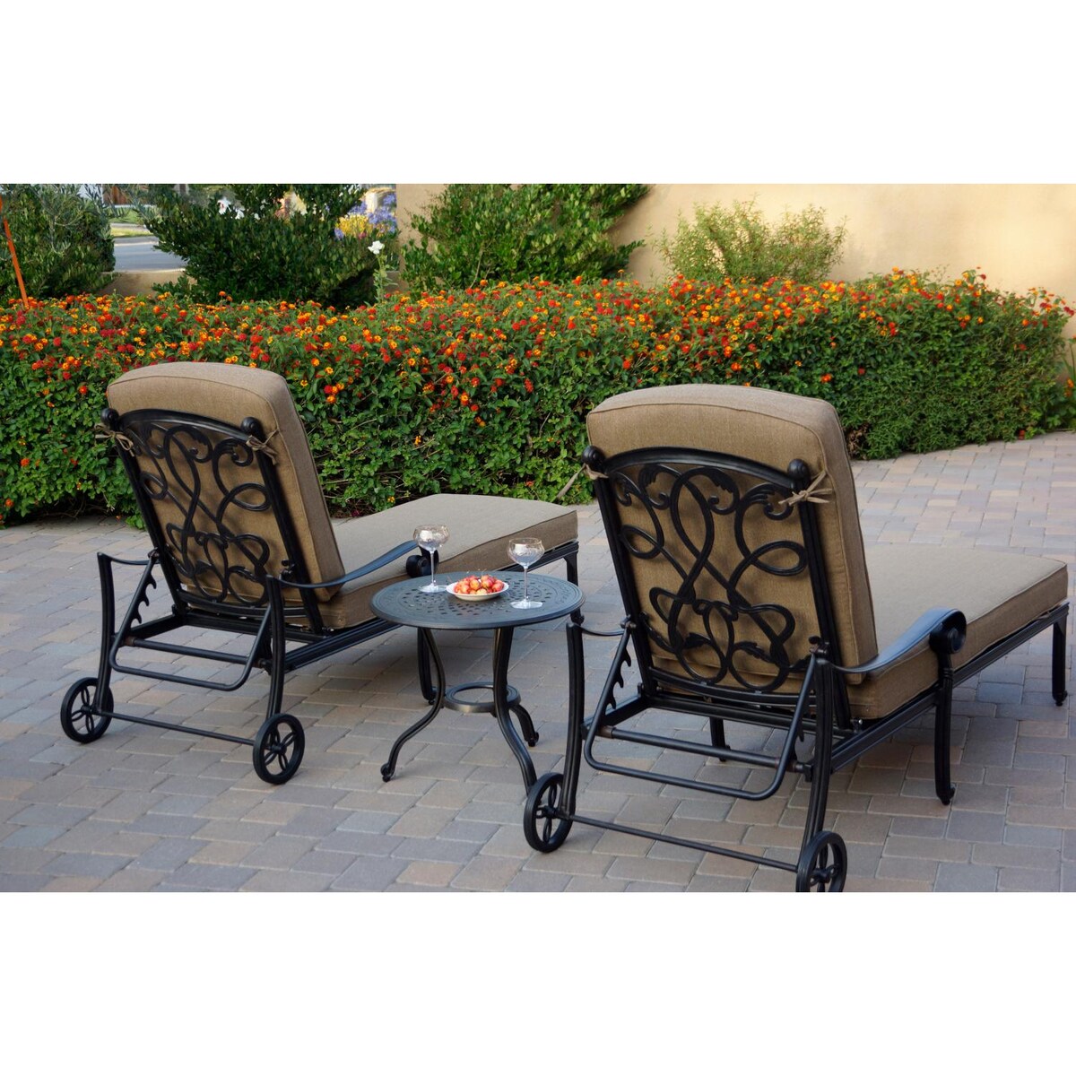 Darlee Santa Monica 3 Piece Cast Aluminum Chaise Lounge Set W/ 24 Inch Round End Table and Sesame Cushions