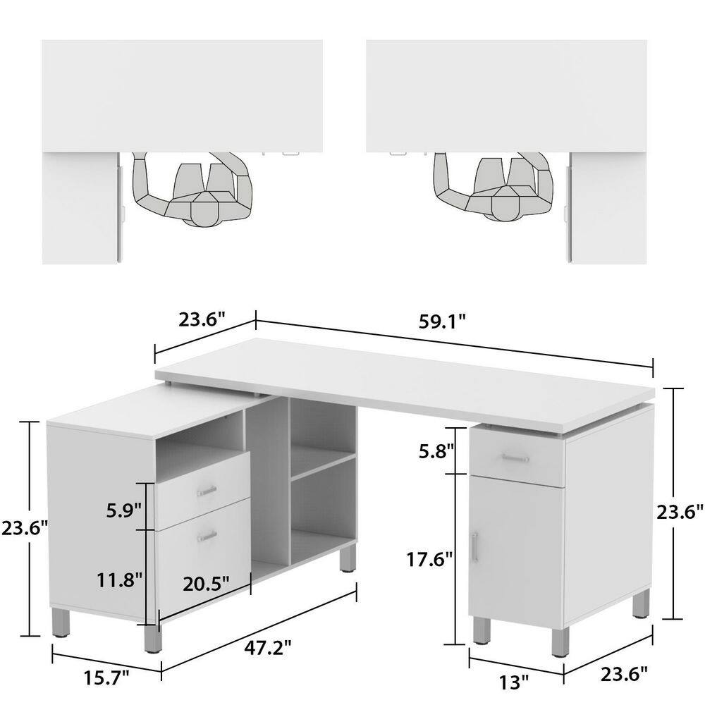 FUFUGAGA 59.1 in. Reversible L-Shaped White Wood Executive Desk Writing Table With Shelves Drawers and Door Cabinet Office Use KF210174-012-c