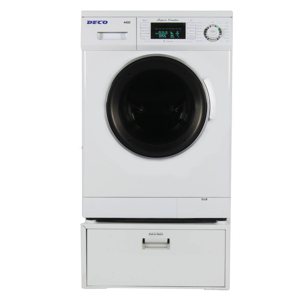 Deco All-in-one 1.6 cu. ft. 110V Compact Combo Washer Dryer with Optional VentedVentless and Sensor Dry w Pedestal in White DC4400W+PDL