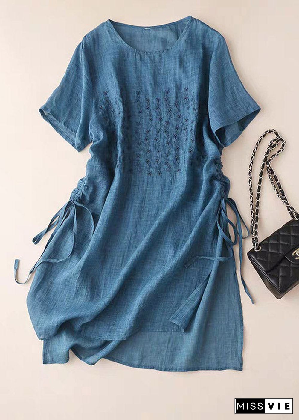 Plus Size Blue O-Neck Embroideried Cotton Dress Short Sleeve