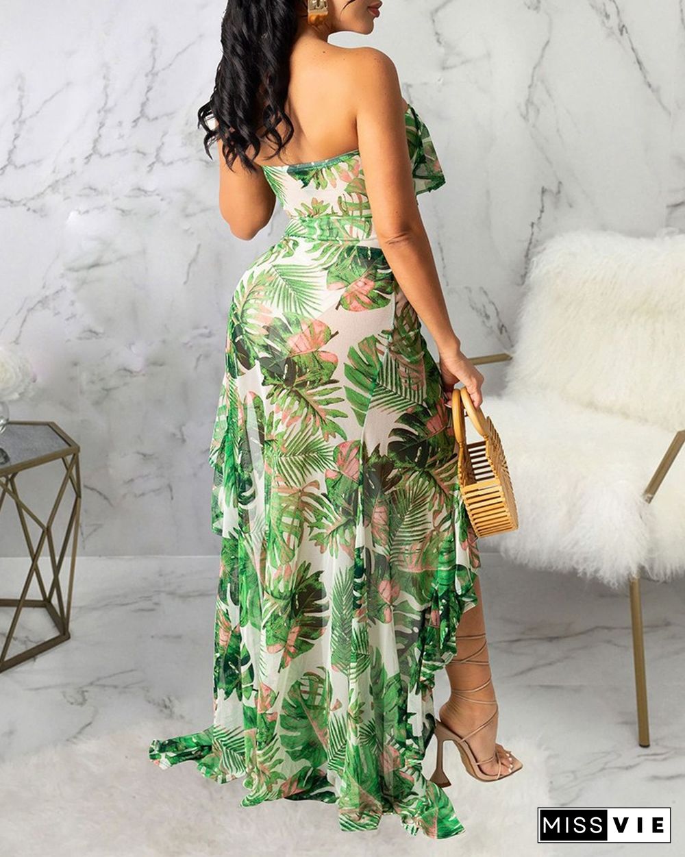 Tropical Print Ruffle Dip Hem Mesh Dress