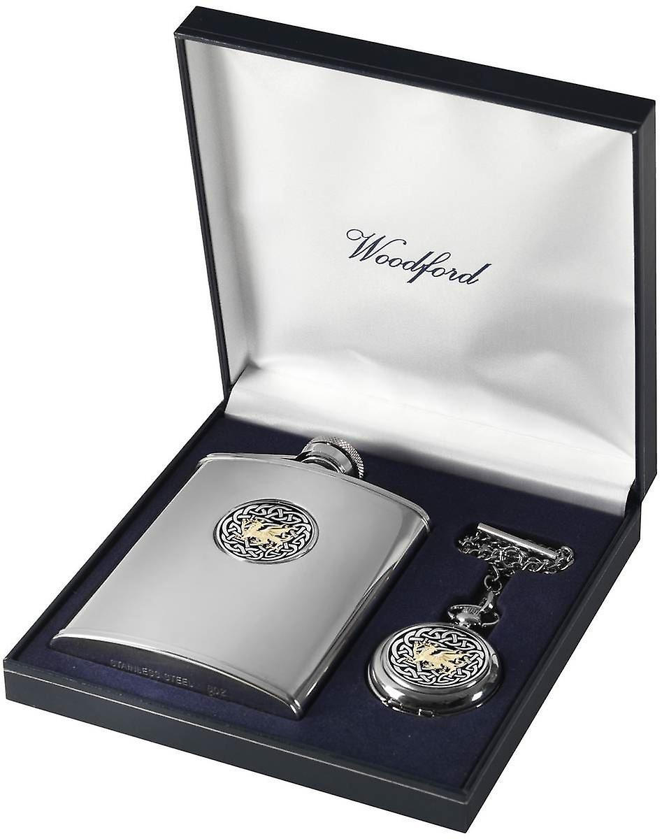 Woodford Welsh Dragon 6oz Hip Flask and Pocket Watch Set - Silver