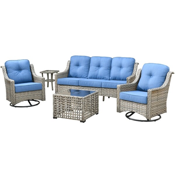 HOOOWOOO 5piece Patio Wicker Furniture Conversation Set with Swivel Chair and Coffee Table