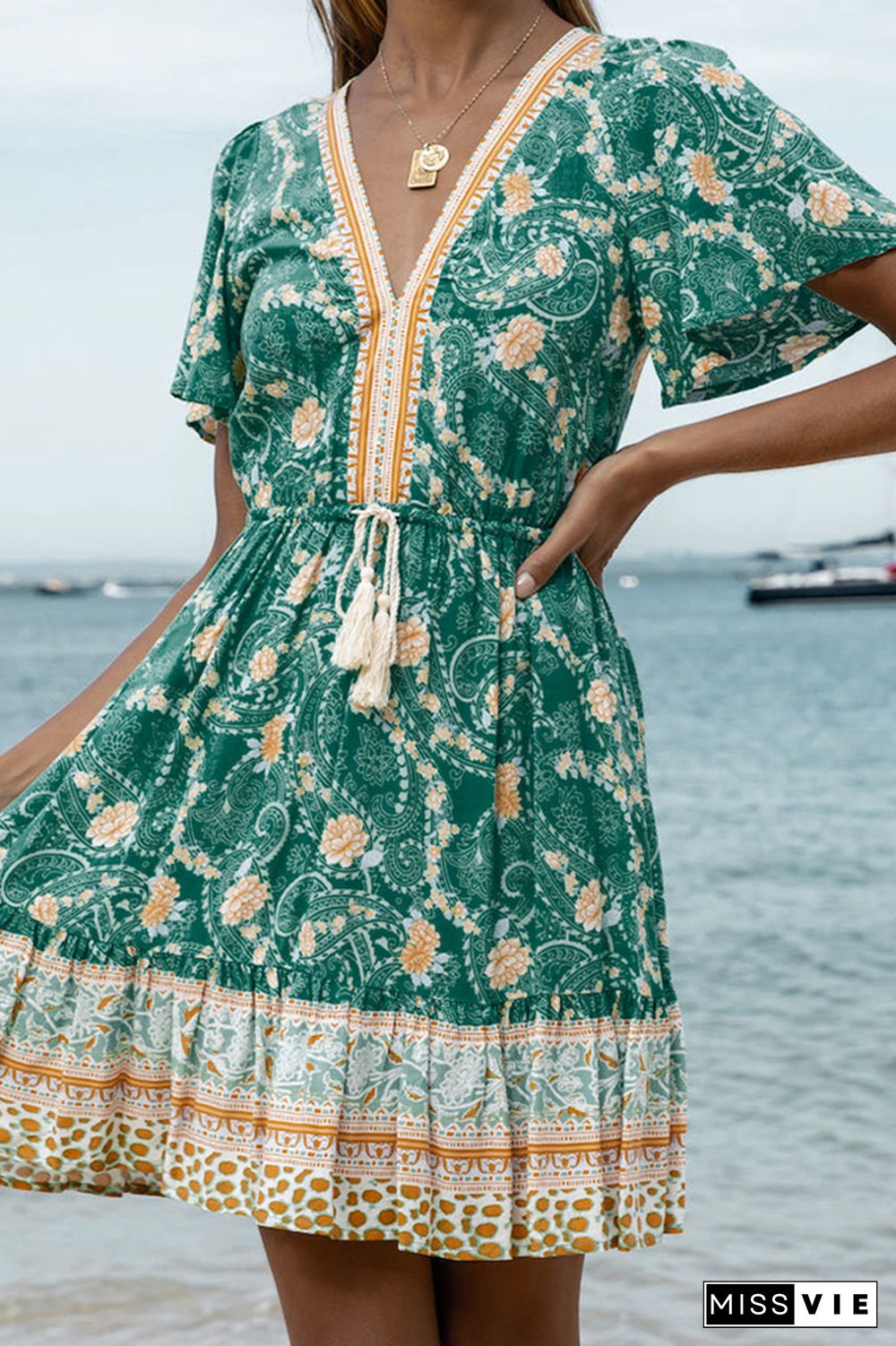 Boho Printed V Neck Short Sleeve Beach Dress Wholesale