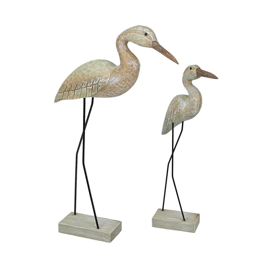 Hand Carved White Washed Wood Bird Statue Sculpture (Set Of 2)   19.75 X 11.5 X 2.75 inches