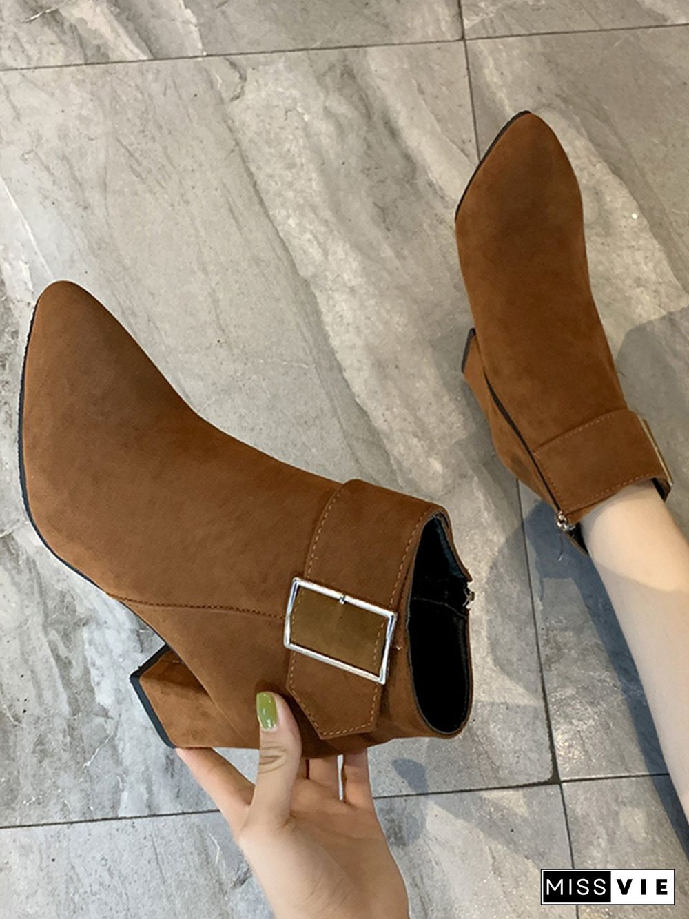 Chunky Heel Buckle Pointed-Toe Suede Martin Boots