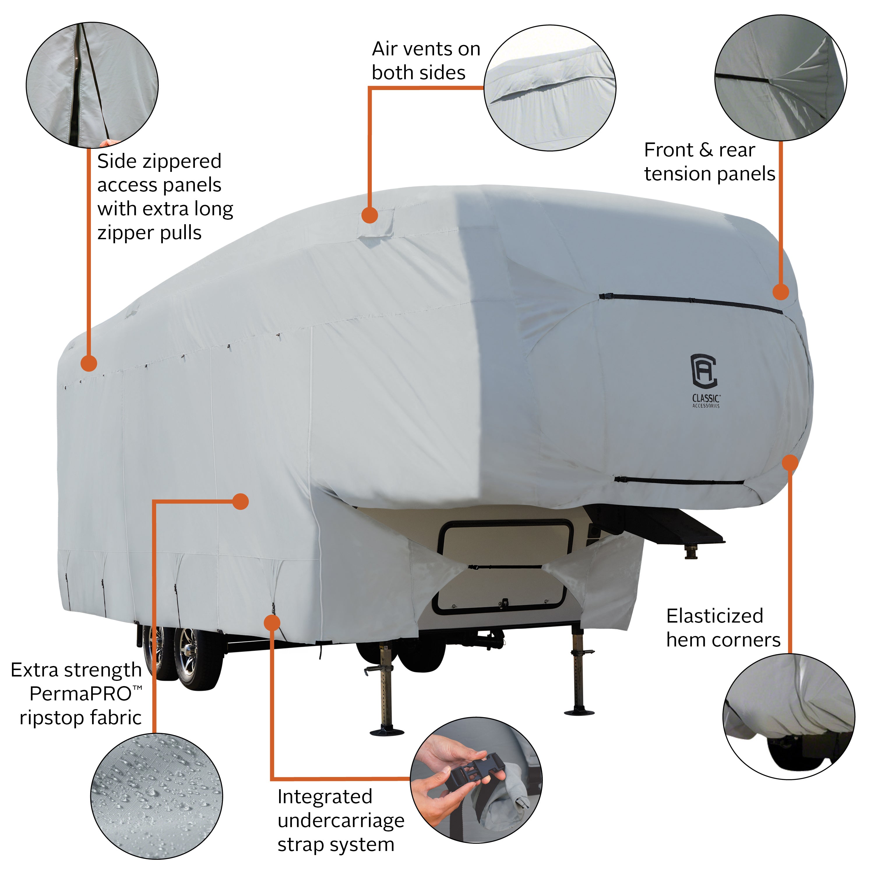 Classic Accessories OverDrive PermaPRO Deluxe 5th Wheel Cover， Fits 29' - 33' RVs - Lightweight Ripstop and Water Repellent RV Cover