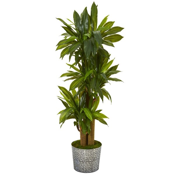 58 Corn Stalk Dracaena Artificial Plant in Black Embossed Tin Planter (Real Touch)