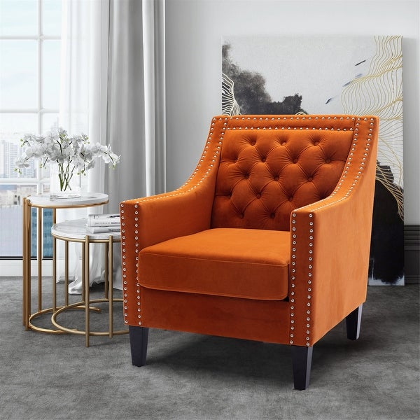 Velvet Upholstered accent living room armchair with nailheads and solid wood legs