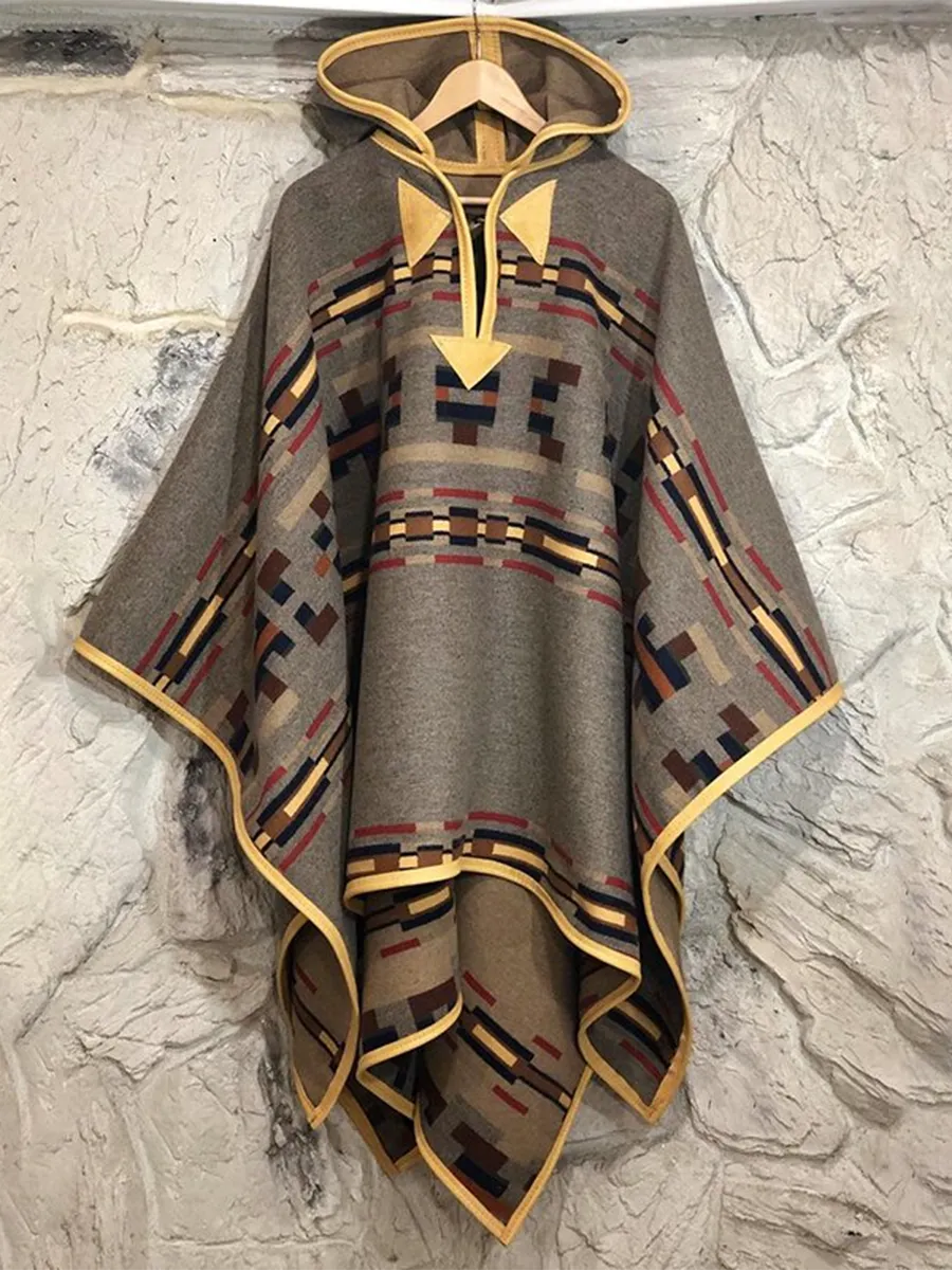 Men's Ethnic Geometric Printed Hooded Cloak