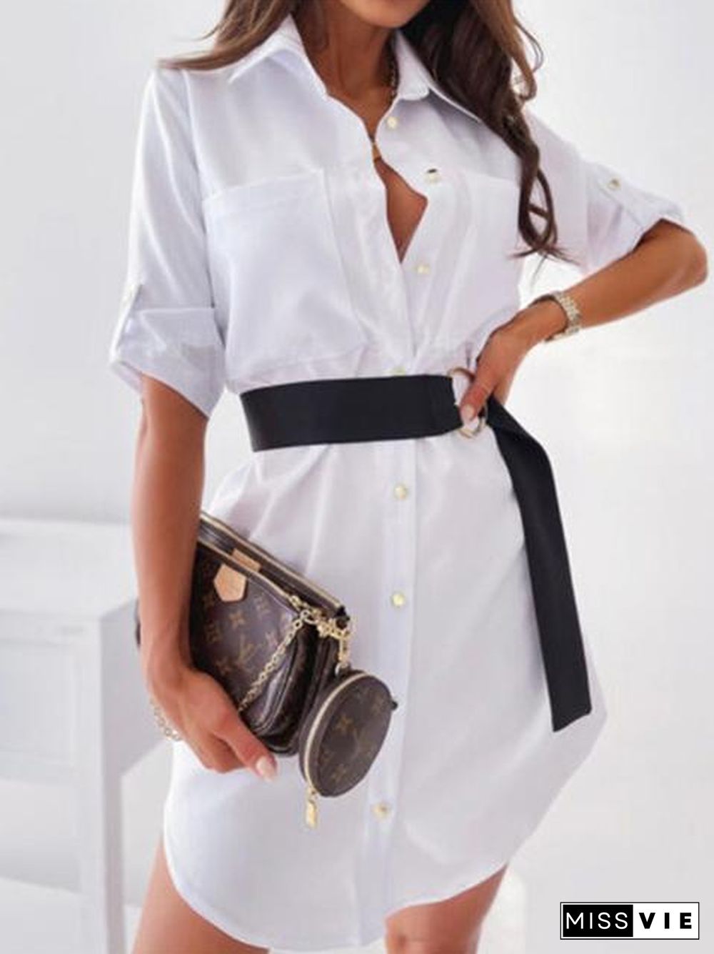 Solid Lapel Neck Short Sleeve Shirt Mini Dress