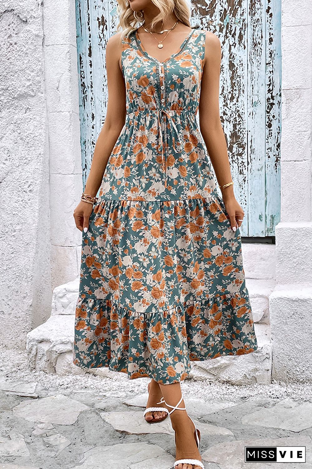 V Neck Buttoned Drawstring Floral Maxi Dress