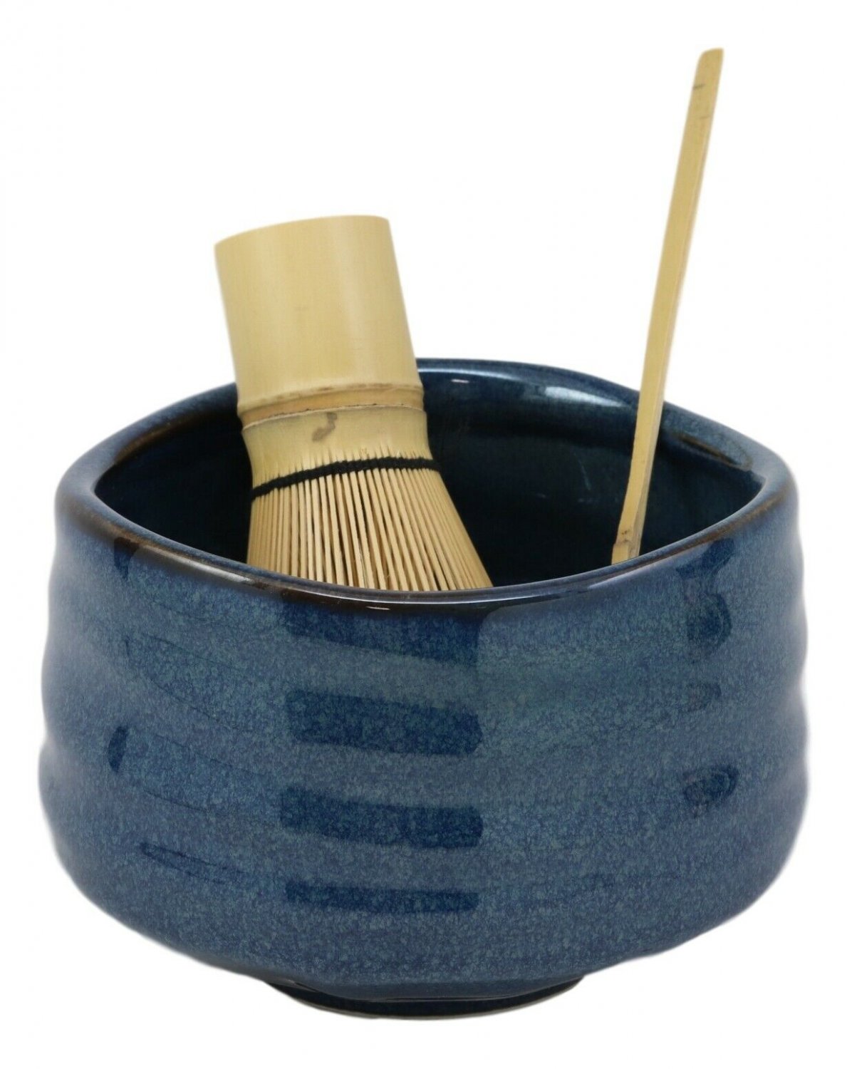 1 Japanese Traditional Tea Ceremony Matcha Glazed Blue Bowl Set With Whisk and Scoop EBR02