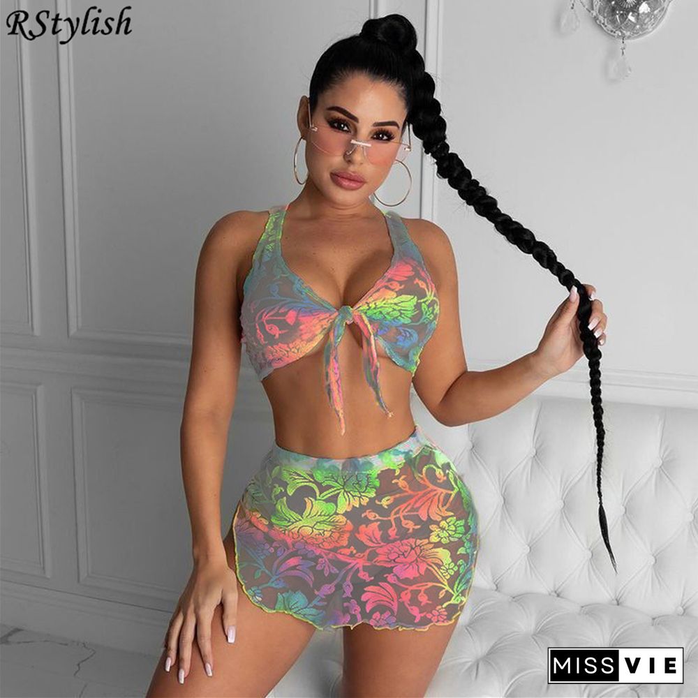 Mesh Print Sleeveless Bandage Crop Tops Mini Skirts 2 Piece Set