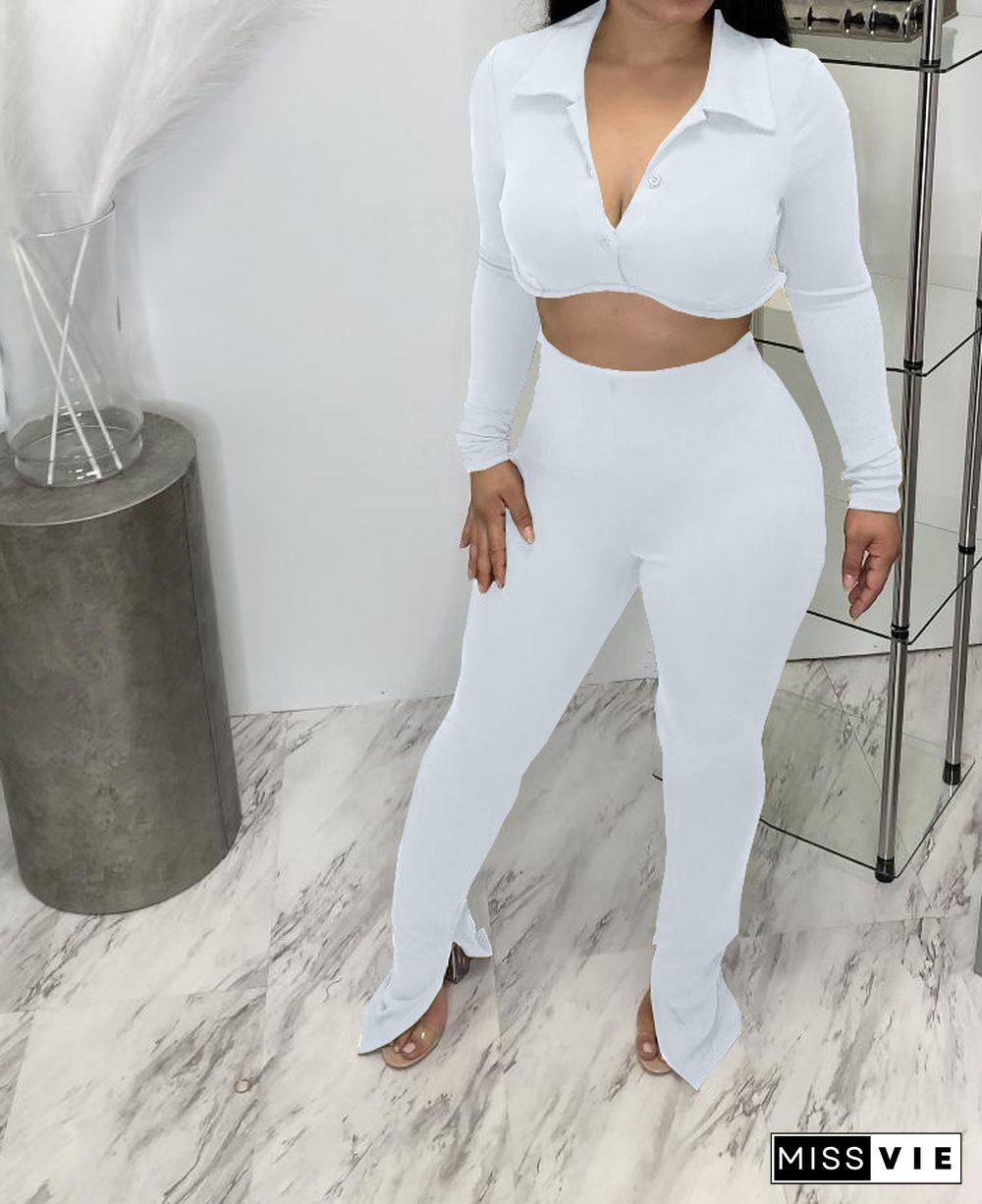 Solid Long Sleeve Button Up Crop Top Slit Pants Set