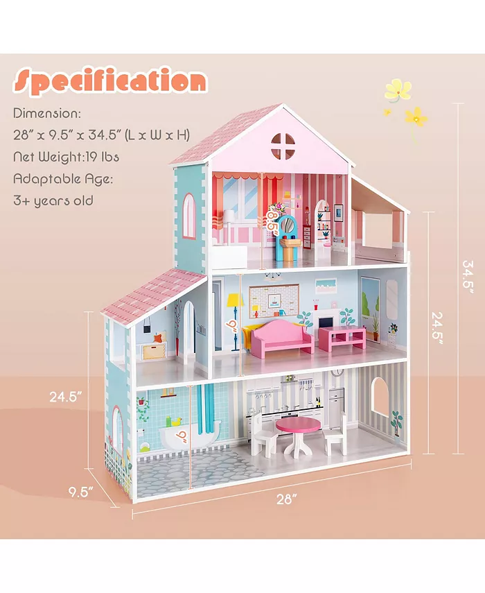 Costway Wooden Dollhouse For Kids 3-Tier Toddler Doll House W Furniture Gift For Age 3+