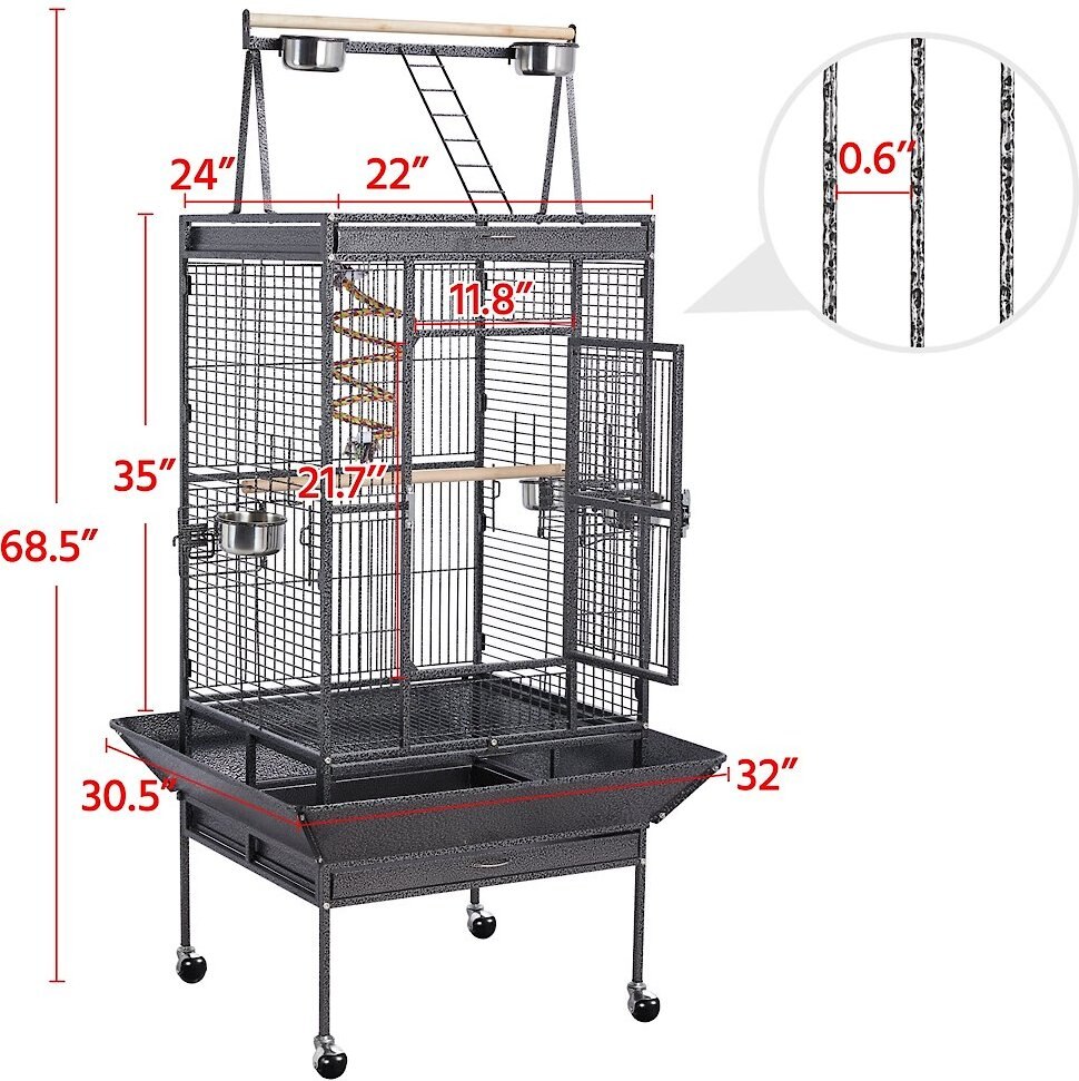 Yaheetech 68.5-in Rolling Bird Cage and Playtop， Hammertone Black